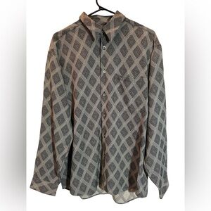 Men's BACHRACH Button Up Tan Black Shirt Diamond Pattern Size Medium 90's Y2K